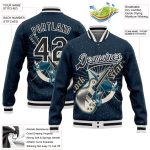 Custom Rock Star Music Festival Bomber Jacket with 3D Guitar Pattern - Personalized Navy Black-White Varsity Letterman Design