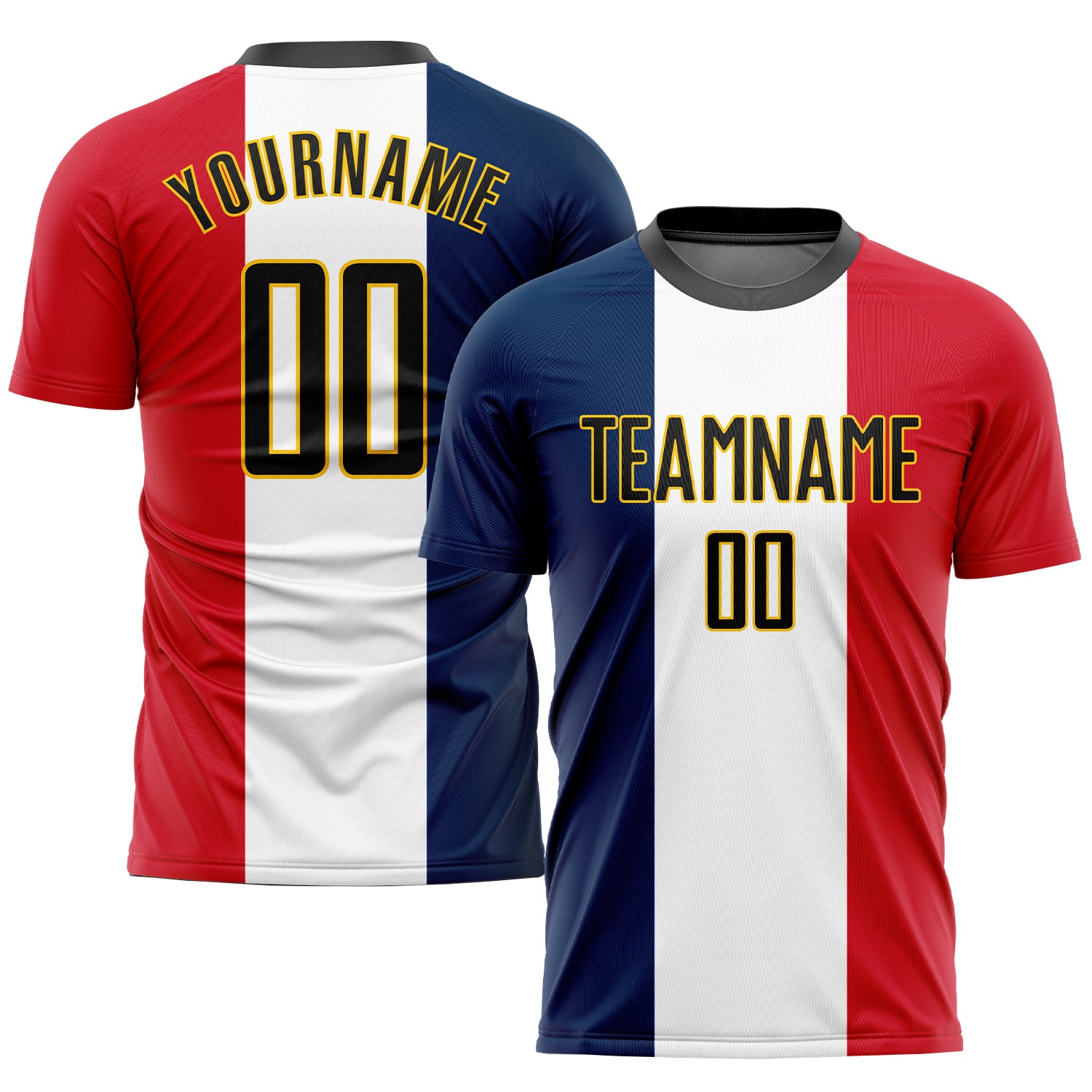 Custom Name Number Soccer Jersey - Personalized French Flag Sublimation in Navy Black White Red-Gold | Team Uniform Personalized