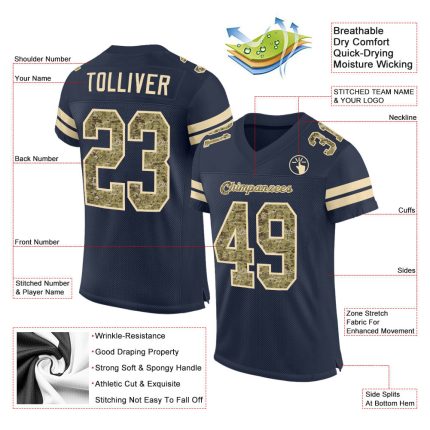 Custom Name Number Personalized Navy Camo Cream Mesh Football Jersey - Authentic Team Apparel Personalized Navy Camo-Cream