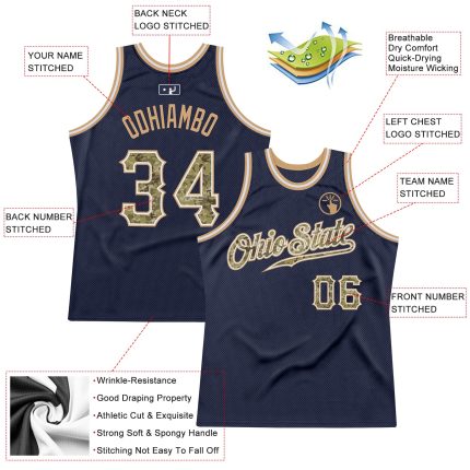 Custom Name Number Navy Camo-Old Gold Basketball Jersey - Personalized Authentic Throwback Team Apparel Personalized Navy