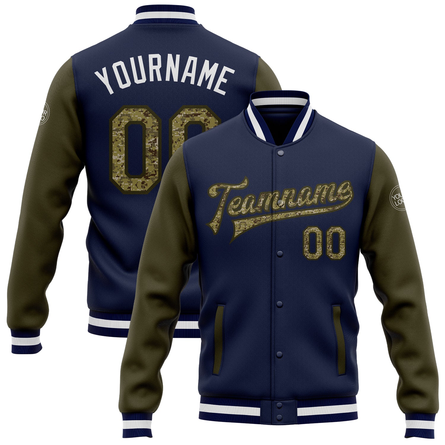 Custom Navy Camo Olive Bomber Varsity Letterman Jacket with Personalized Name & Number - Full-Snap Two Tone Design Personalized
