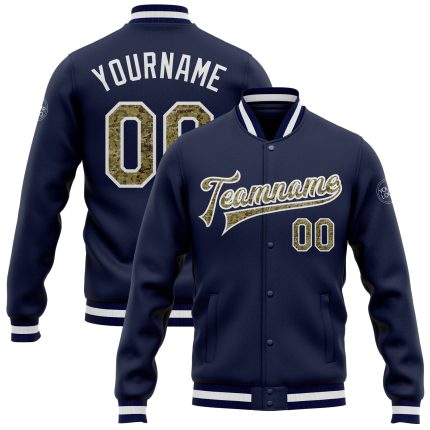 Custom Team Name Number Navy Camo White Bomber Varsity Letterman Jacket Personalized Full-Snap Personalized Navy Camo-White