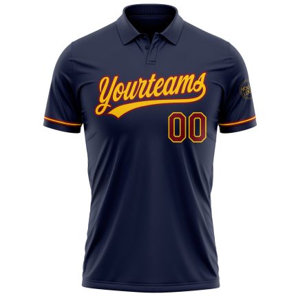 Custom Name Number Performance Vapor Golf Polo Shirt - Personalized Navy Crimson Yellow Team Apparel Personalized Navy Cimson-Yellow