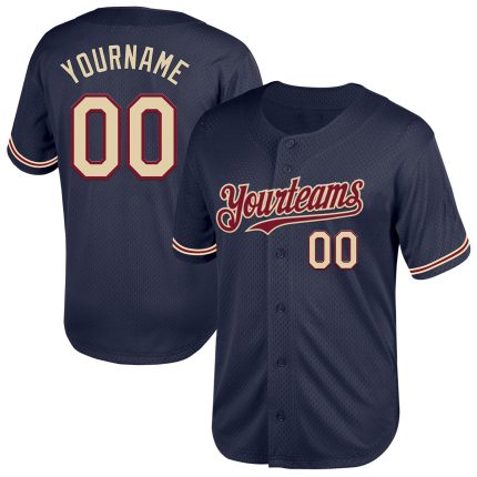Custom Name and Number Authentic Throwback Baseball Jersey - Personalized Navy City Cream Crimson Mesh Design Personalized