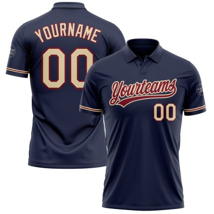 Personalized Navy Cream-Crimson Golf Polo Shirt with Custom Name & Number - Team Performance Vapor Personalized Navy City