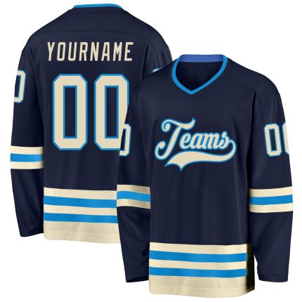 Custom Navy Cream-Blue Hockey Jersey for Men, Women, Kids - Personalized Sports Apparel Personalized Navy Cream-Blue Hockey