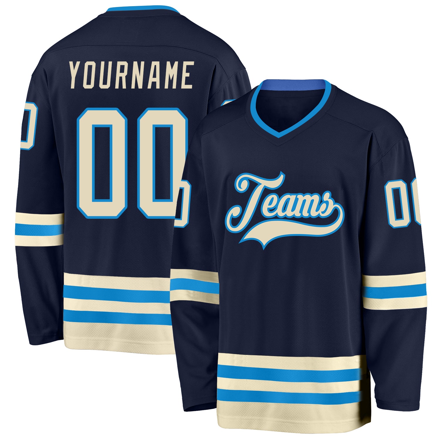 Custom Navy Cream-Blue Hockey Jersey for Men, Women, Kids - Personalized Sports Apparel Personalized Navy Cream-Blue Hockey