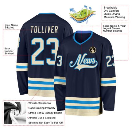 Custom Navy Cream-Blue Hockey Jersey for Men, Women, Kids - Personalized Sports Apparel Personalized Navy Cream-Blue Hockey
