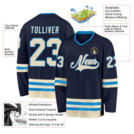 Custom Name and Number Hockey Jersey in Navy Cream-Blue - Personalized Team Jersey Personalized Navy Cream-Blue Hockey Jersey