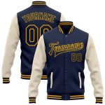 Custom Name Number Navy Cream Gold Bomber Varsity Letterman Two Tone Full-Snap Jacket Personalized Navy Cream-Gold Bomber