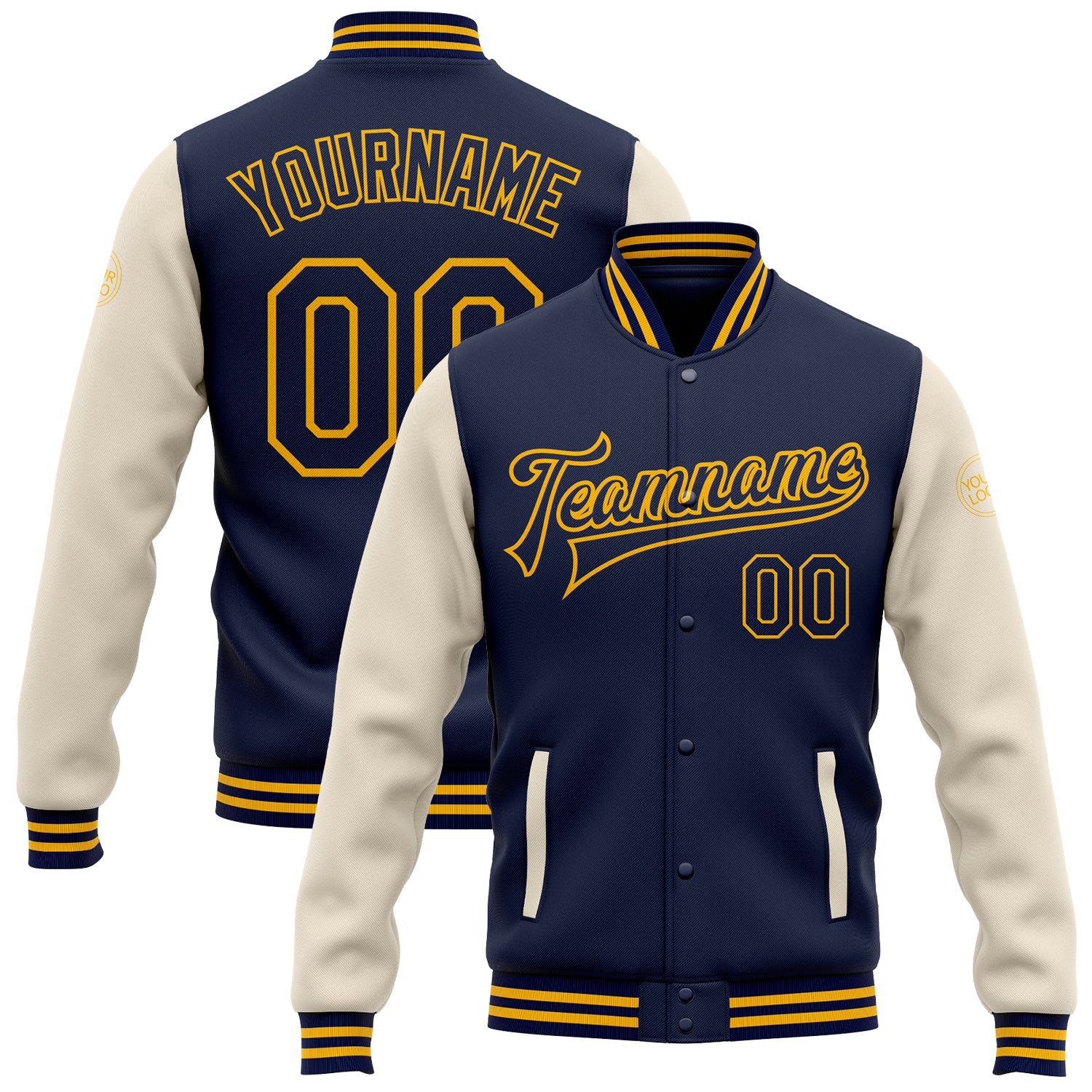 Custom Name Number Navy Cream Gold Bomber Varsity Letterman Two Tone Full-Snap Jacket Personalized Navy Cream-Gold Bomber