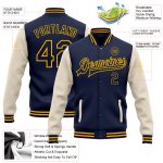 Custom Name Number Navy Cream Gold Bomber Varsity Letterman Two Tone Full-Snap Jacket Personalized Navy Cream-Gold Bomber