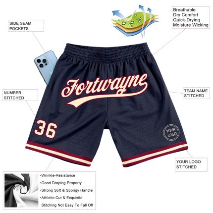 Custom Team Name Number Basketball Shorts - Personalized Navy Cream Maroon Authentic Throwback Personalized Navy Cream-Maroon
