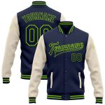 Custom Two Tone Bomber Jacket Navy Cream Neon Green Full-Snap Varsity Letterman with Personalized Name and Number Personalized
