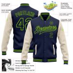 Custom Two Tone Bomber Jacket Navy Cream Neon Green Full-Snap Varsity Letterman with Personalized Name and Number Personalized