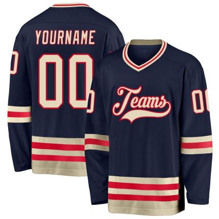Custom Name Number Personalized Hockey Jersey Navy Cream Red Team Personalized Navy Cream-Red Hockey Jersey Team Custom Name
