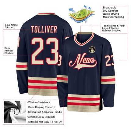 Custom Name Number Personalized Hockey Jersey Navy Cream Red Team Personalized Navy Cream-Red Hockey Jersey Team Custom Name