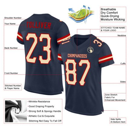 Custom Navy Cream-Red Mesh Football Jersey with Personalized Name and Number - Authentic Team Gear Personalized Navy Cream-Red