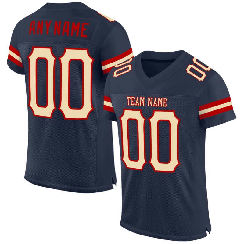 Custom Navy Cream-Red Mesh Football Jersey with Personalized Name and Number - Authentic Team Gear Personalized Navy Cream-Red