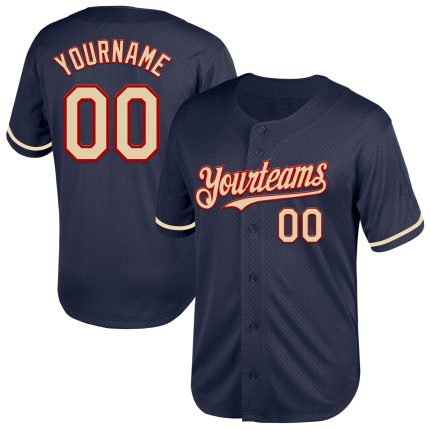 Custom Name and Number Authentic Throwback Baseball Jersey - Personalized Navy Red Cream Mesh Personalized Navy Cream-Red