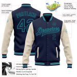 Customizable Navy and Cream Teal Two-Tone Varsity Letterman Bomber Jacket with Name and Number Personalized Navy Cream-Teal