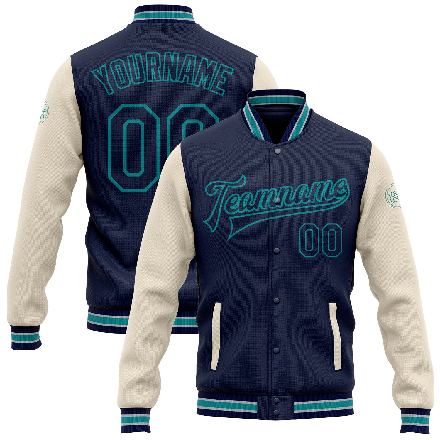Customizable Navy and Cream Teal Two-Tone Varsity Letterman Bomber Jacket with Name and Number Personalized Navy Cream-Teal
