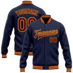 Custom Name and Number Varsity Letterman Jacket - Personalized Navy and Crimson Gold Bomber Personalized Navy Crimson-Gold