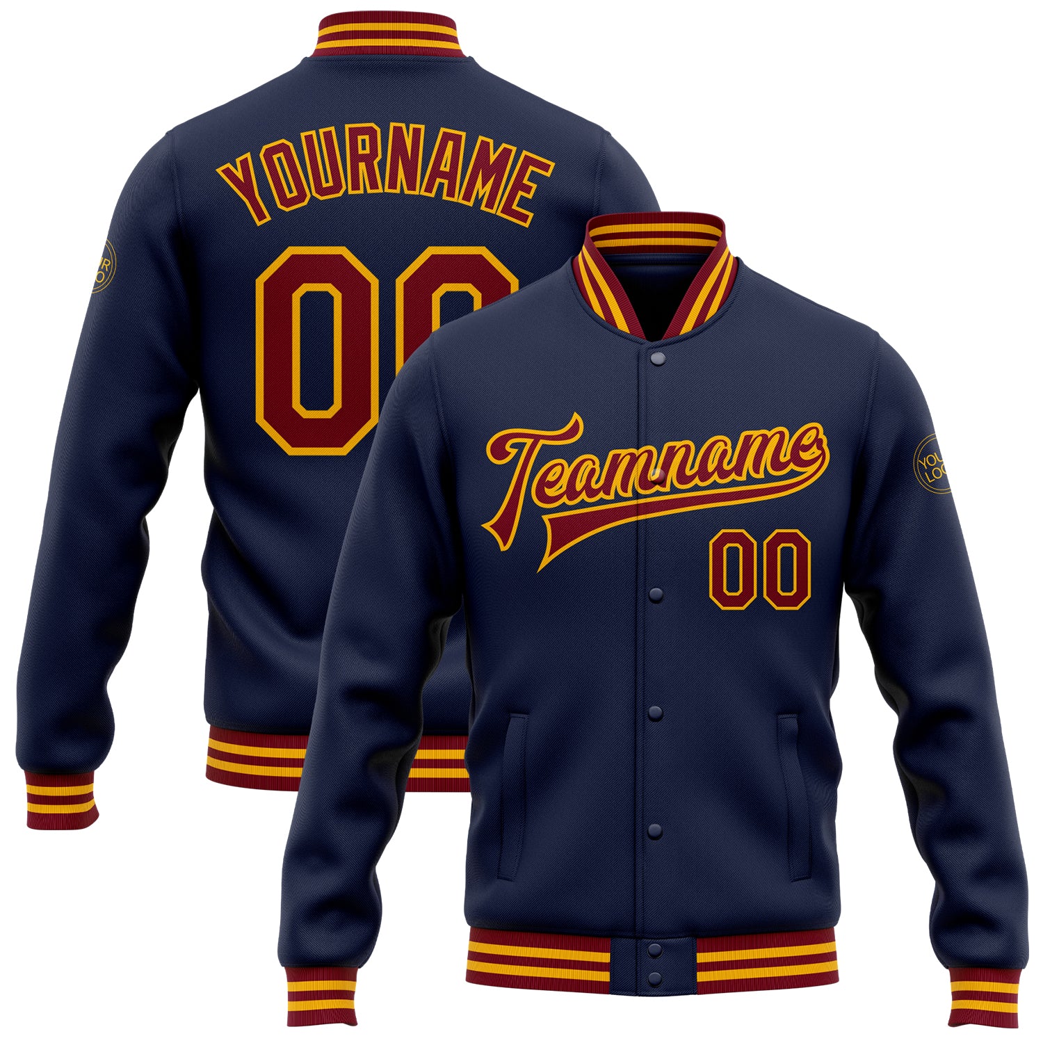 Custom Name and Number Varsity Letterman Jacket - Personalized Navy and Crimson Gold Bomber Personalized Navy Crimson-Gold