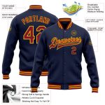 Custom Name and Number Varsity Letterman Jacket - Personalized Navy and Crimson Gold Bomber Personalized Navy Crimson-Gold