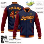 Custom Navy and Crimson Gold Team Bomber Jacket with Name and Number - Full-Snap Varsity Letterman Two Tone Design Personalized