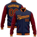 Custom Navy and Crimson Gold Team Bomber Jacket with Name and Number - Full-Snap Varsity Letterman Two Tone Design Personalized