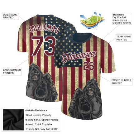 Personalized 3D Skull American Flag T-Shirt with Custom Team Name & Number - Navy Crimson-White Performance Tee Personalized
