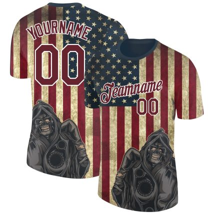 Personalized 3D Skull American Flag T-Shirt with Custom Team Name & Number - Navy Crimson-White Performance Tee Personalized
