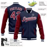 Customizable Navy Crimson-White Two Tone Bomber Jacket with Team Name and Number - Full-Snap Varsity Letterman Style Personalized