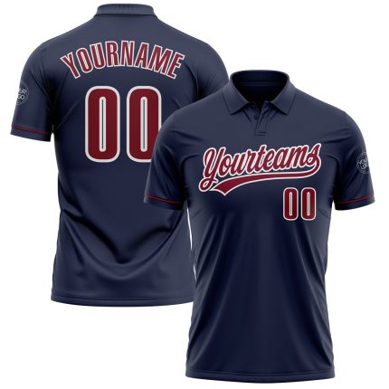 Personalized Navy Performance Golf Polo Shirt with Crimson-White Team Name & Number Customization Personalized Navy Crimson-White