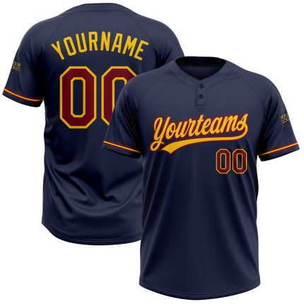 Custom Name and Number Personalized Unisex Softball Jersey in Navy Crimson-Yellow, Two-Button Style Personalized Navy Crimson-Yellow
