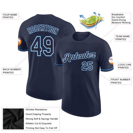Custom Team Performance T-Shirt with Name and Number - Personalized Navy Electric Blue and White Personalized Navy Electric