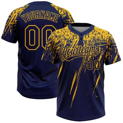 Personalized Unisex Softball Jersey with Custom Name & Number, Navy Gold 3D Pattern, Two-Button Sharp Shape Design Personalized