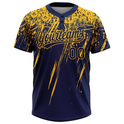 Personalized Unisex Softball Jersey with Custom Name & Number, Navy Gold 3D Pattern, Two-Button Sharp Shape Design Personalized