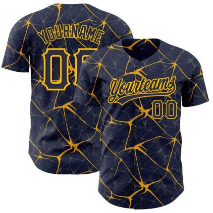 Custom Name and Number Baseball Jersey - Personalized Navy Gold 3D Pattern Design Authentic Team Jersey Personalized Navy