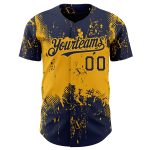 Custom Name Number Baseball Jersey - Personalized Navy Gold 3D Grunge Abstract Splatter Design Art Personalized Navy Gold
