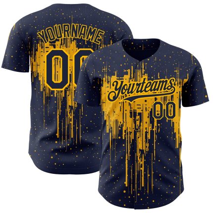 Custom Name and Number Authentic Baseball Jersey, Navy Gold 3D Dripping Splatter Art, Personalized Team Design Personalized