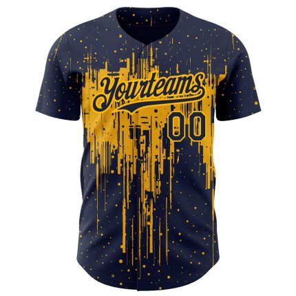 Custom Name and Number Authentic Baseball Jersey, Navy Gold 3D Dripping Splatter Art, Personalized Team Design Personalized