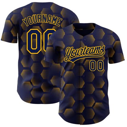 Custom Name and Number Baseball Jersey, Personalized Navy Gold 3D Pattern Halftone Geometric Design, Authentic Team Wear