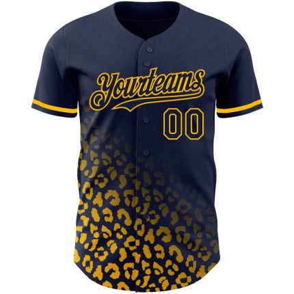 Custom Leopard Print Fade Baseball Jersey - Personalized Navy Gold 3D Pattern with Team Name and Number Personalized Navy