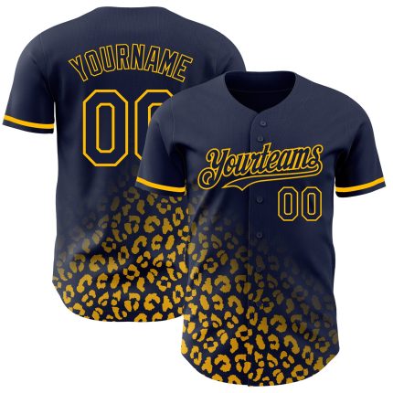 Custom Leopard Print Fade Baseball Jersey - Personalized Navy Gold 3D Pattern with Team Name and Number Personalized Navy