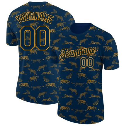 Custom Name and Number Tiger Performance T-Shirt - Personalized Navy Gold 3D Pattern Design Personalized Navy Gold 3D Pattern