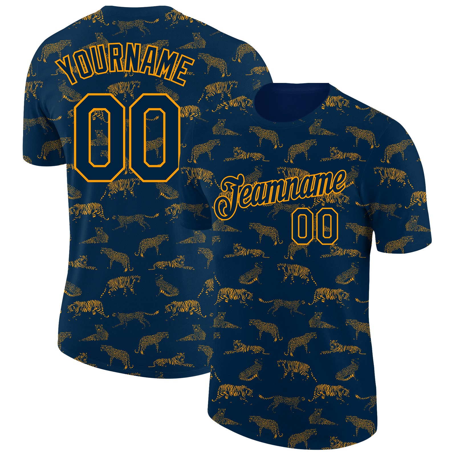 Custom Name and Number Tiger Performance T-Shirt - Personalized Navy Gold 3D Pattern Design Personalized Navy Gold 3D Pattern
