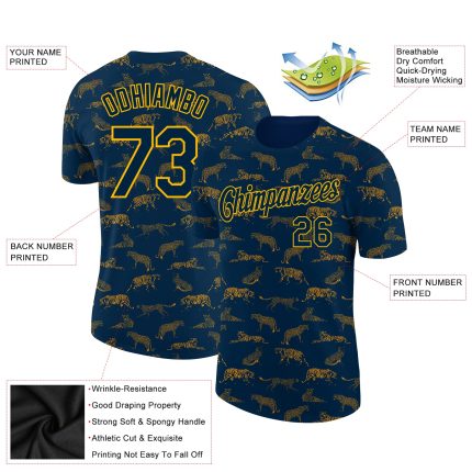 Custom Name and Number Tiger Performance T-Shirt - Personalized Navy Gold 3D Pattern Design Personalized Navy Gold 3D Pattern