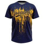 Custom Name and Number Personalized Navy Gold 3D Dripping Splatter Art Unisex Softball Jersey - Two-Button Design Personalized